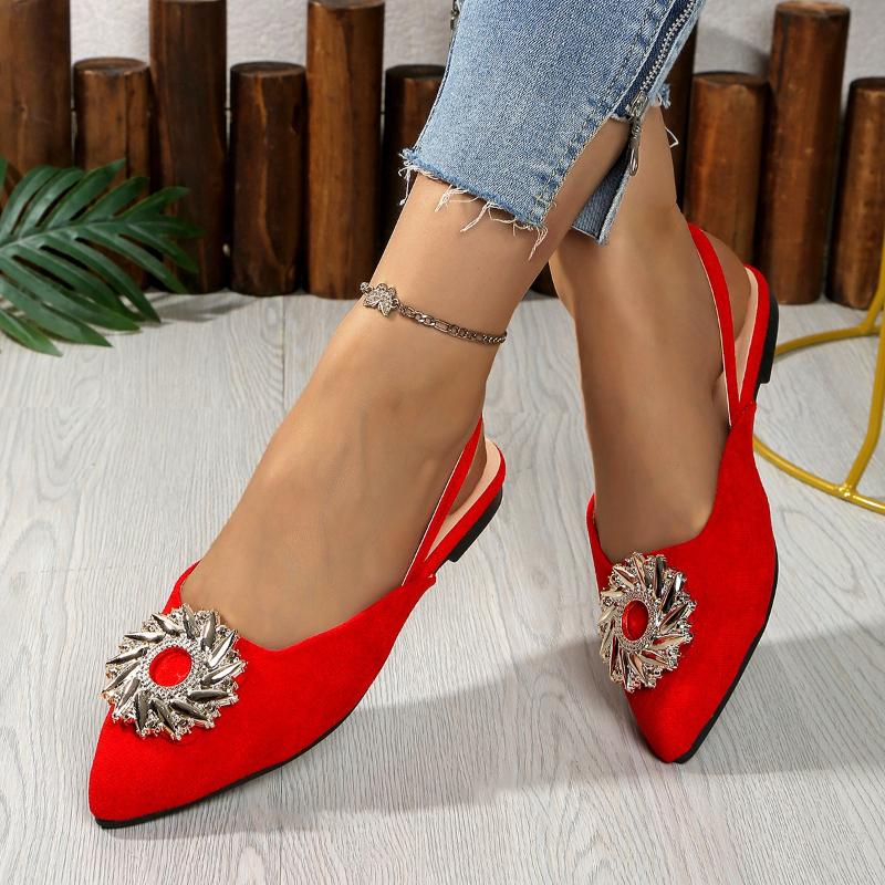 Mode Damen Luxus Perle Kristall Schnalle Flock Flats Spitzschuh Dough Shoes Schwammige Innensohle für zarte Füße Bequemes Gehen Slipper