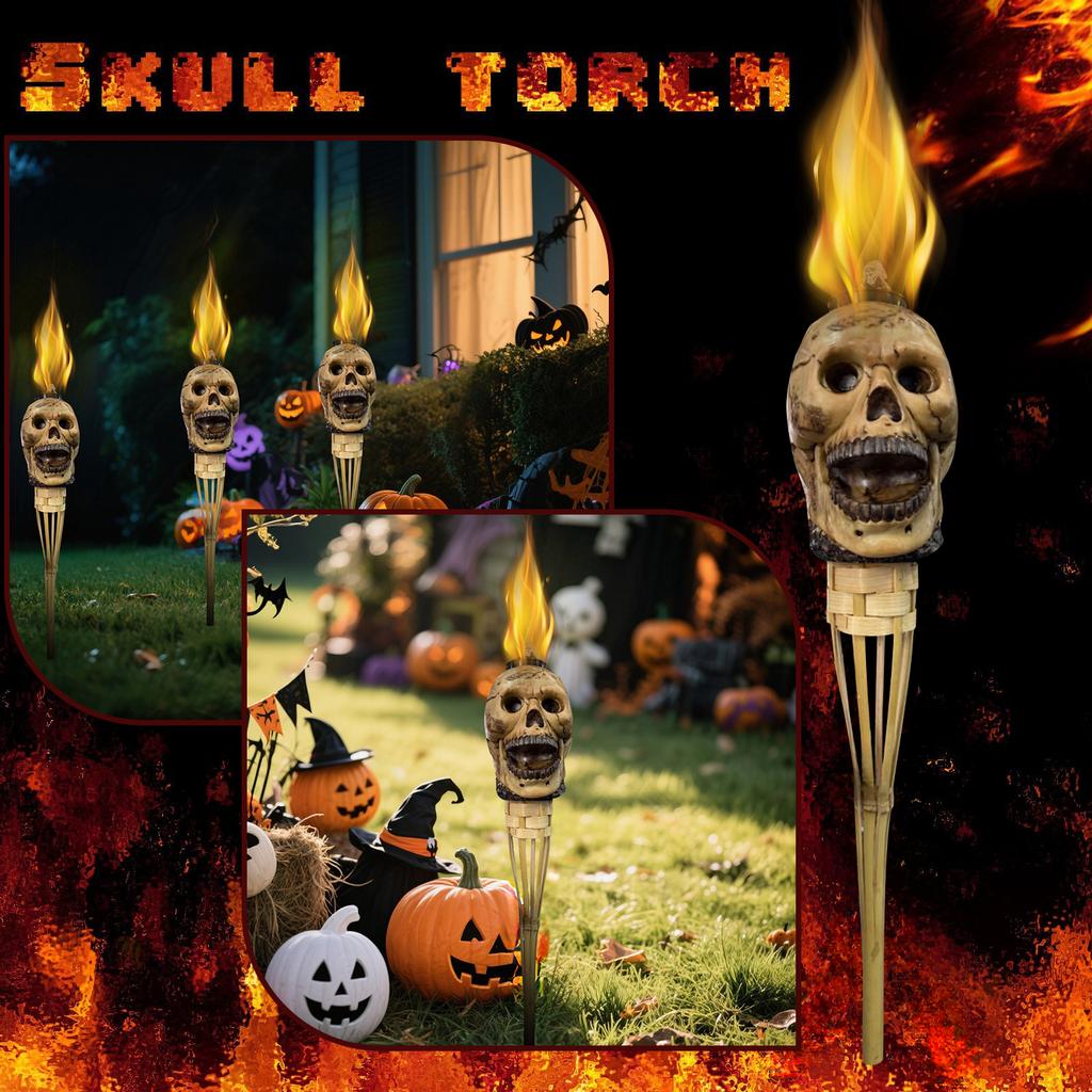 Highlighting A Macabre Head, This Torch Doubles As Eerie Decor And A Fire - Breathing Centerpiece. It With To Ignite, Casting Flickering Shad