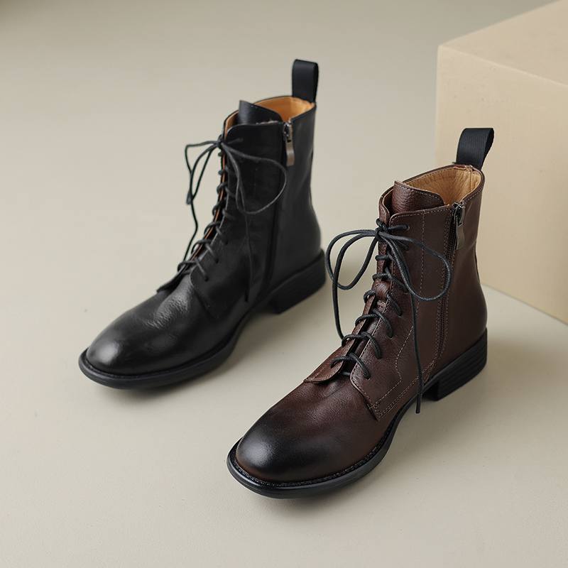 Krazing Pot Cow Leather Winter Round Toe Thick Low Heels Western Boots Women Lace Up Retro Ankle Boots