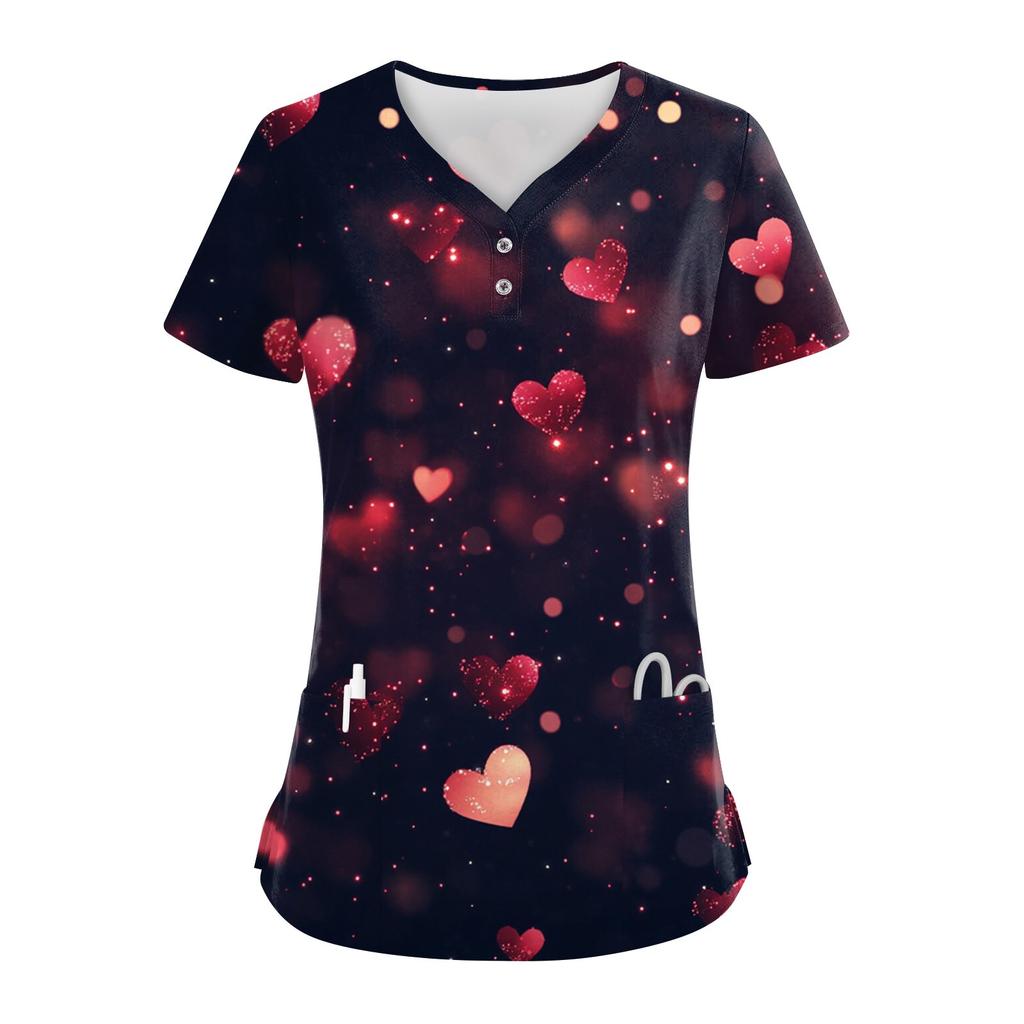 Women's Button V Neck Fashion Casual ChristmasValentine's Day Print Tops Dry-nurse Top,Scrubs Tops For Women,2 Pockets