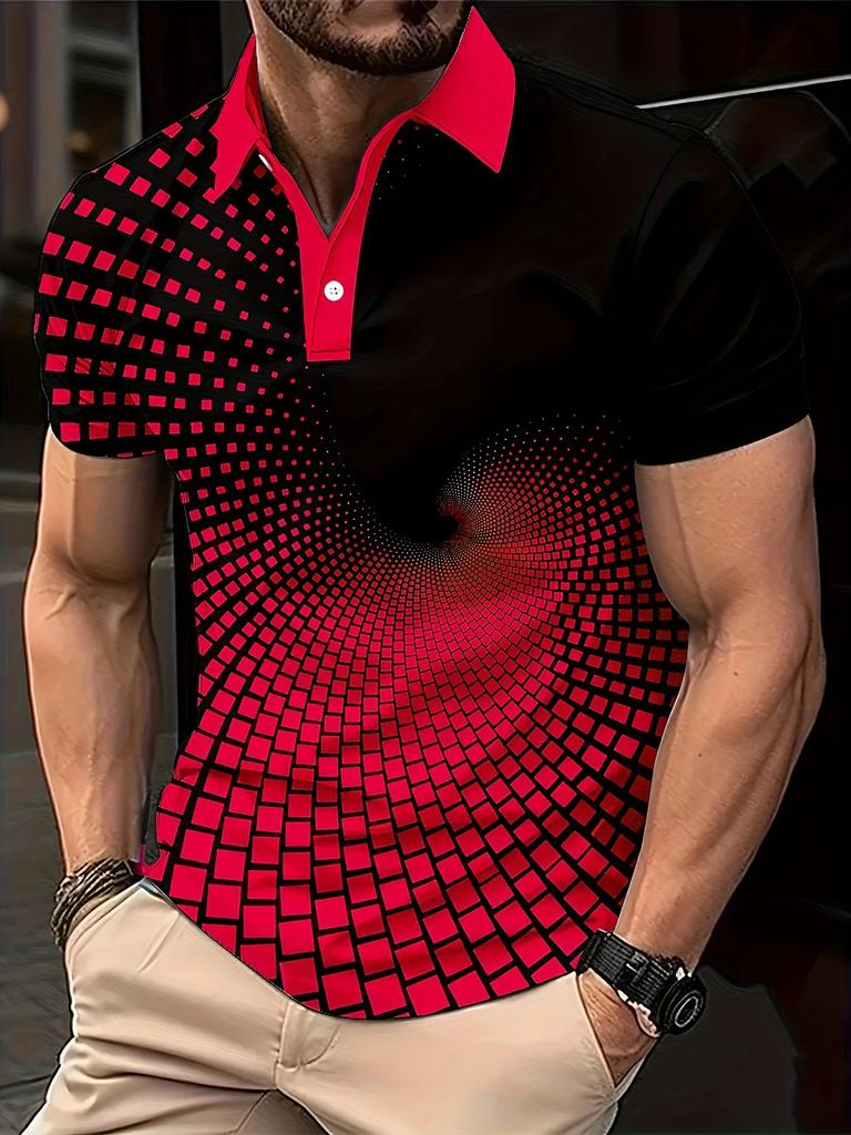 Stylish 3D Optical Illusion Polo Shirt, Short Sleeve Top