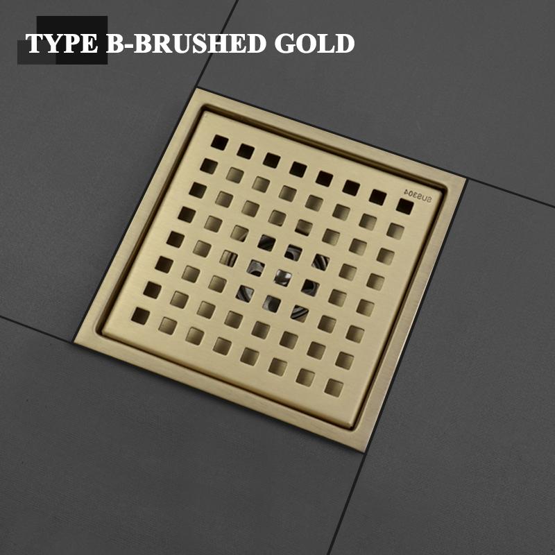 Black SUS304 Stainless Steel Shower Drain Bathroom Floor Drain Tile Insert Square Anti-odor Floor Waste Grates 15CM Brushed Gold