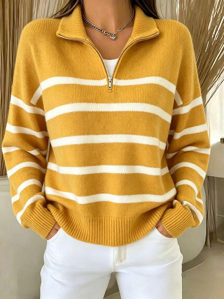 European & American Retro Striped High Neck Knit Pullover Sweater for Women - Autumn/Winter Style
