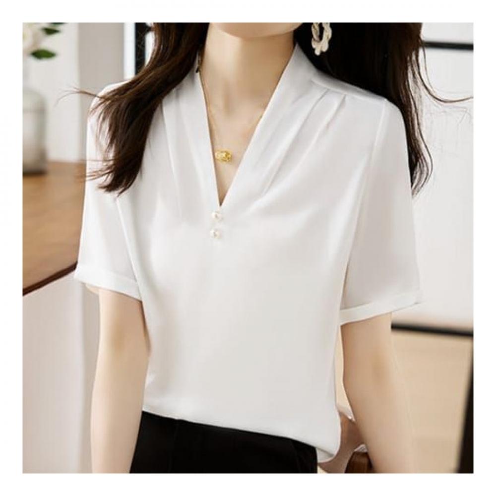 NaVaVa Women Pearl Point Thin V Neck Short sleeVe Blouse Nb2121