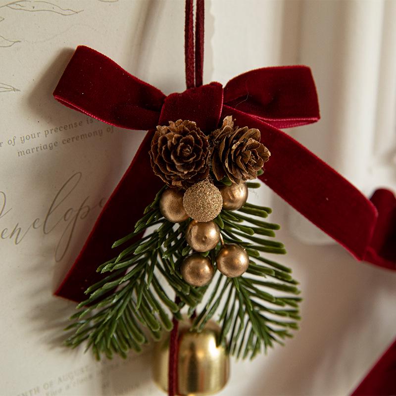 Christmas Tree Ornament: Small Bell with Velvet Bow & Pine Cone Scene Pendant