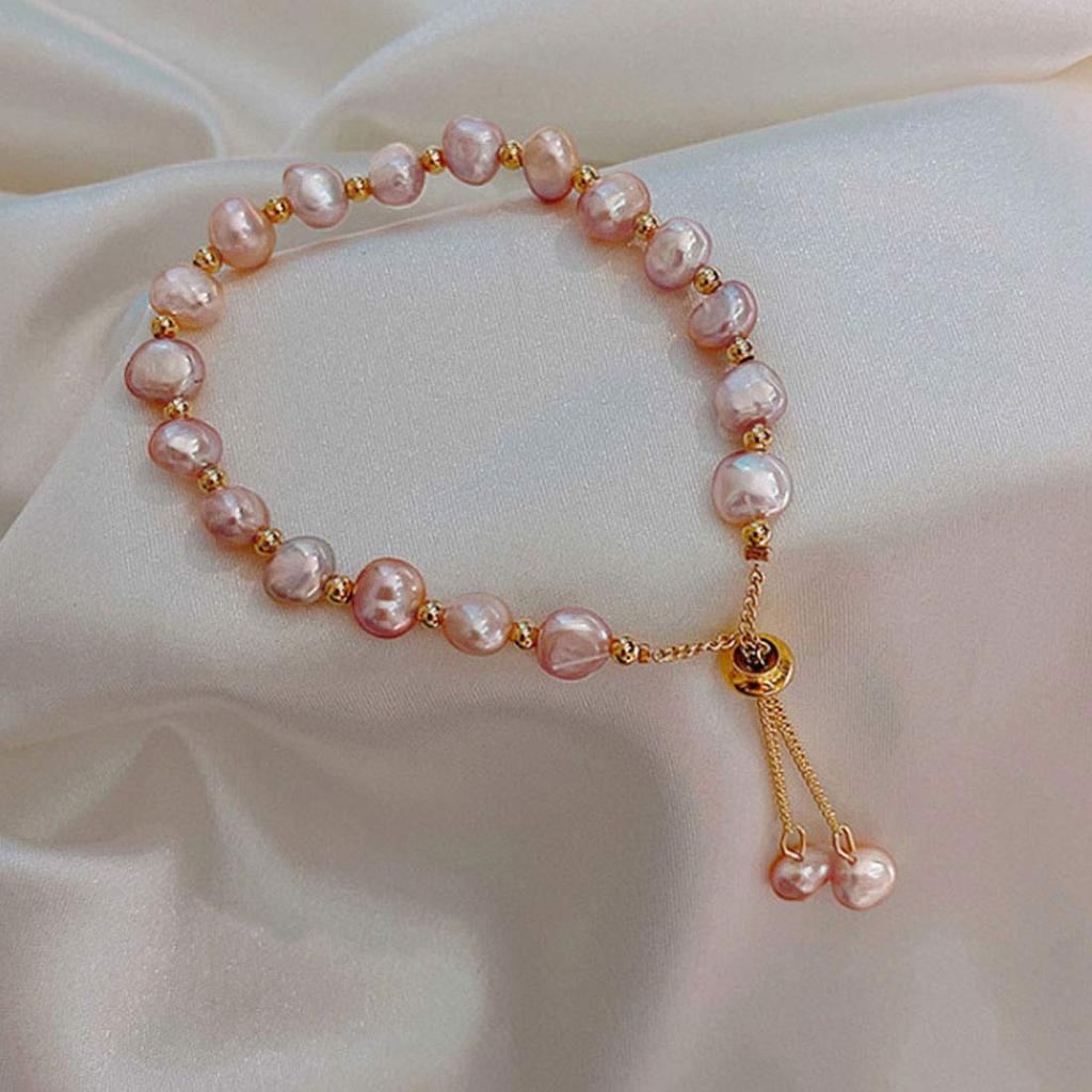 Deelfel Pink 18k Pearl Bangle with Titanium Natural Adjustable Fashion Accessory Women's Bracelet, Gold, Chain, Pearl, Size, Wedding, Party,