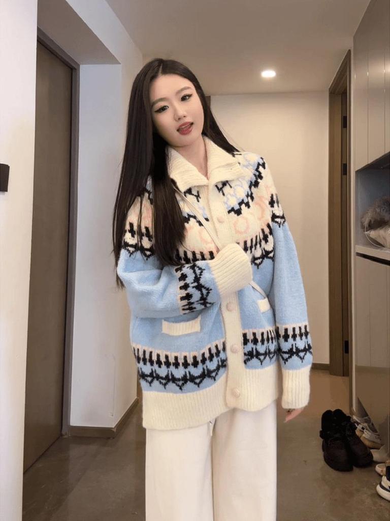 2024 Women's Fair Isle Jacquard Cardigan: Cozy Turn-Down Collar, Loose Fit for Autumn/Winter