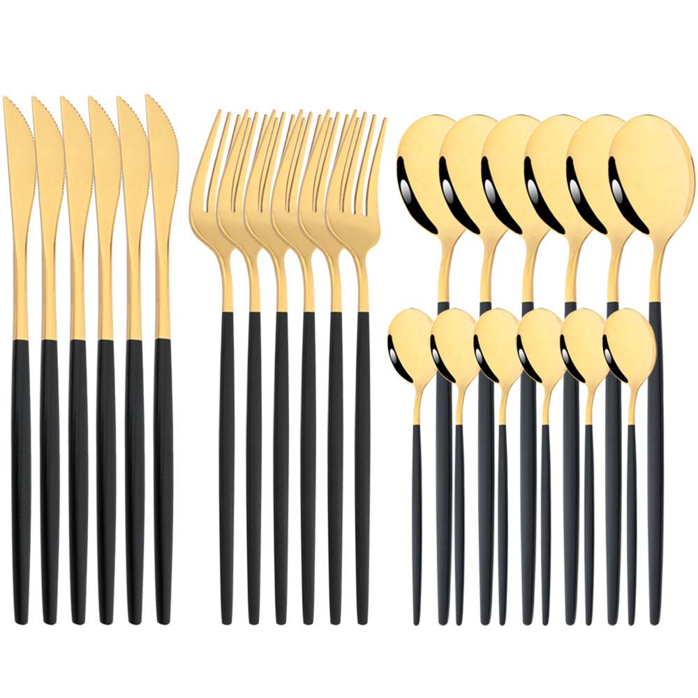 JANKNG Western 24pcs Dinnerware Set Stainless Steel Cutlery Set Black Knife Fork Spoon Silverware Set Flatware Set Tableware Set