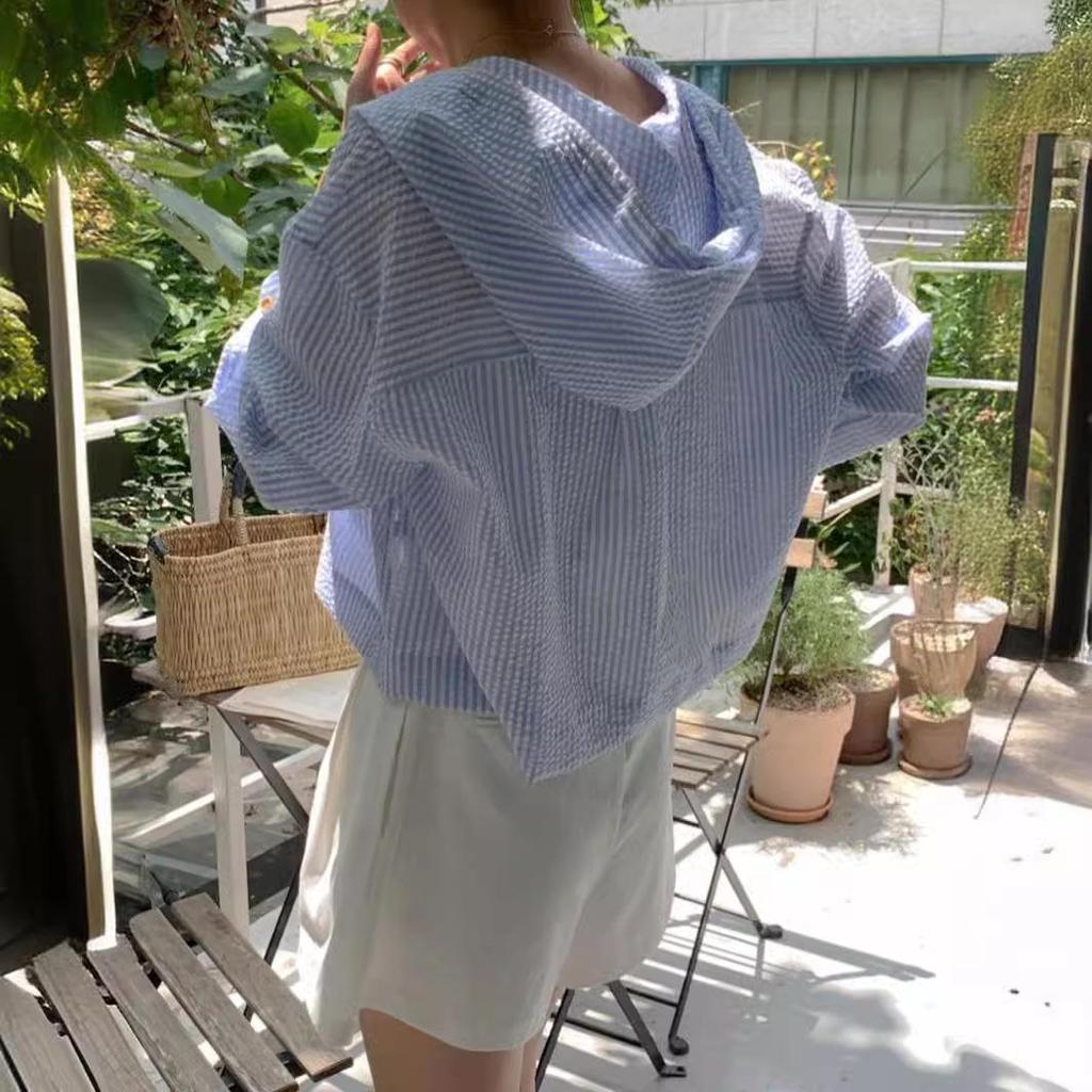 Women's 2024 French Design Striped Hooded Sun Protection Shirt