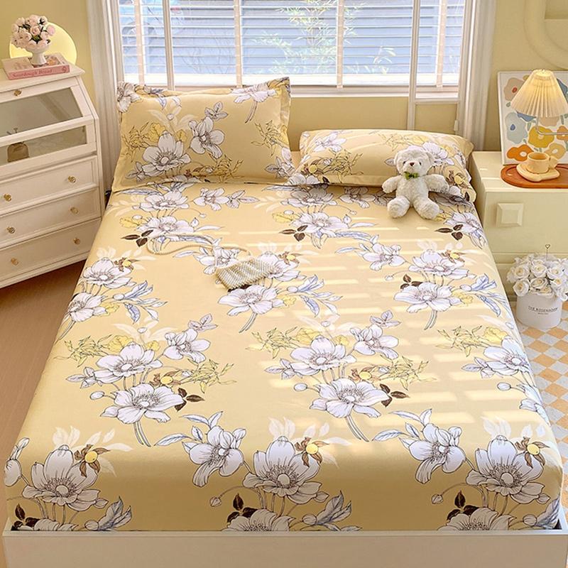 Leaf Printed Fitted Sheet with Elastic Band Skin-friendly and Breathable Single/Queen Bedsheet Soft Bedding (without pillowcase)