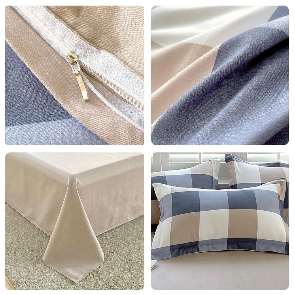 Soft Color Block Checkered Bedding Set Comfy 100% Washed Cotton Blue Plaid Duvet Cover Set King Queen Size Comforter Cover Sheet