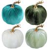 Winlyn 4 Pcs Assorted Faux Rustic Velvet Pumpkins Decorative Green Teal White Fabric Pumpkins Foam Pumpkins 5"" for Gift