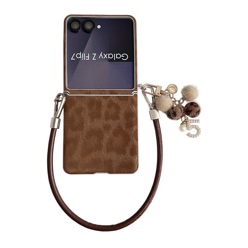 Samsung ZFLIP7 Leopard Print Case with Silver Edge & Hand Strap - Fits ZFLIP6/5