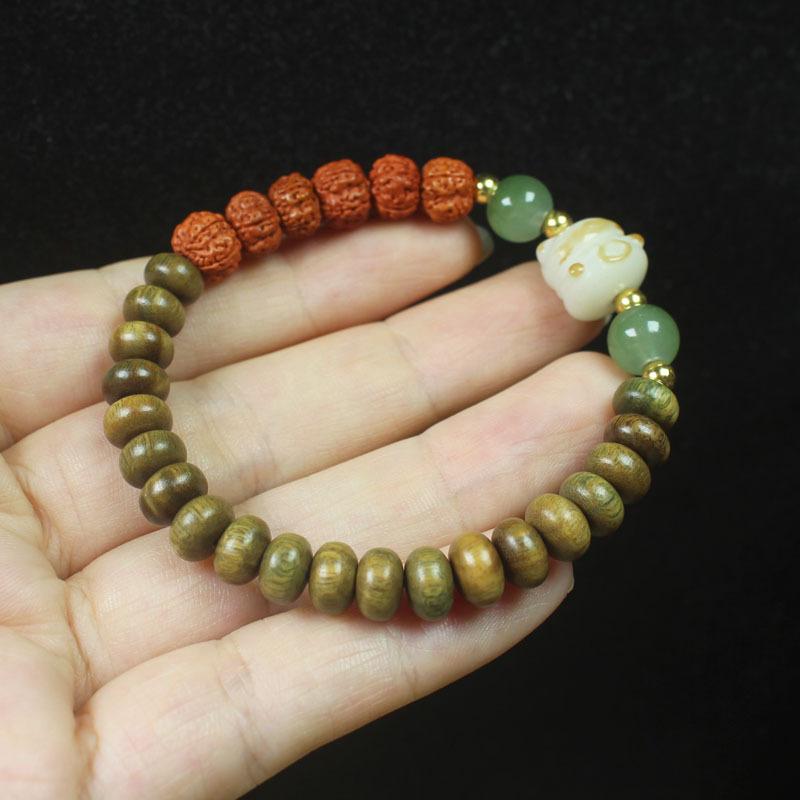 Green Sandalwood Abacus Beads & Rudraksha Bodhi Bracelet, Wooden Flower Chinese Style Mala for Men Women