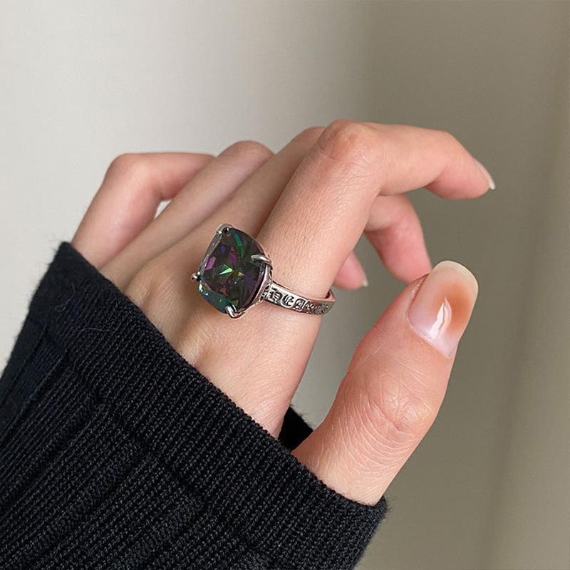Versatile Korean S925 Silver Ring With Adjustable Design And Stunning Purple Stones Green