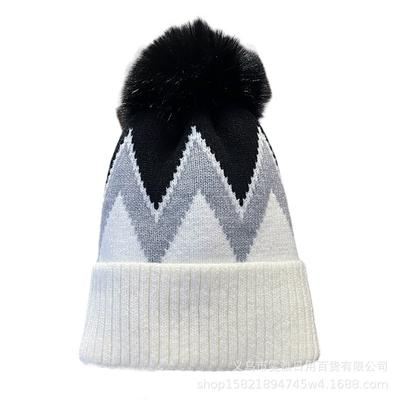 Cute Mixed Color Beanie Hat with Faux Fur Pompon Stripe Patterned Ski Cap Keep Warm Knitted Hat