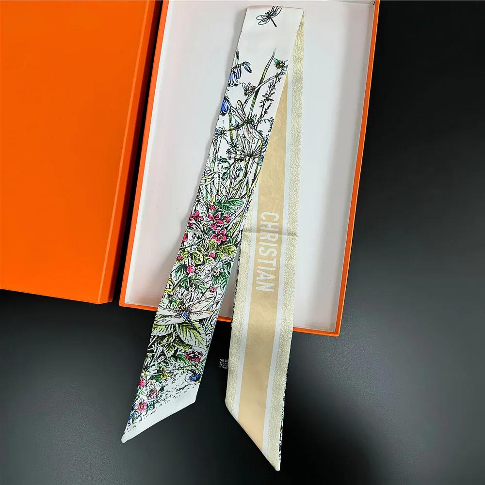 Französischer Frühlings-Hot-Sale: Damen-Twill-Tasche mit scharfem Hornriemen, Pflanzen- und Dschungeltiermotiven, Seidenband, Haarband und kleinem Schal mit Punktmuster