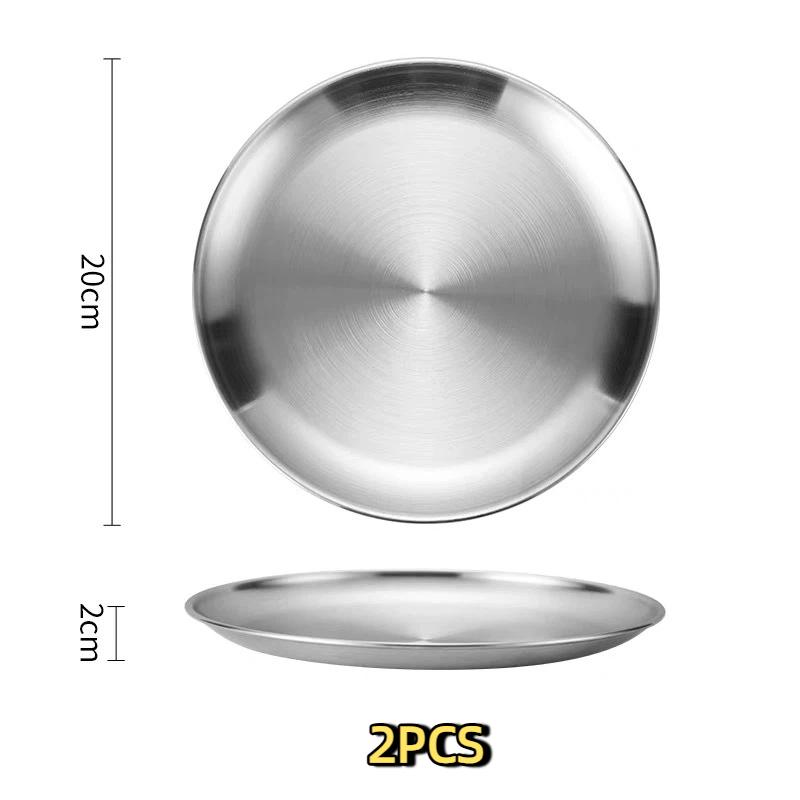 2Pcs Silver Stainless Steel Round Plates Rust Proof Food Safe Dinner Dishes for Home Outdoor BBQ Camping Picnic