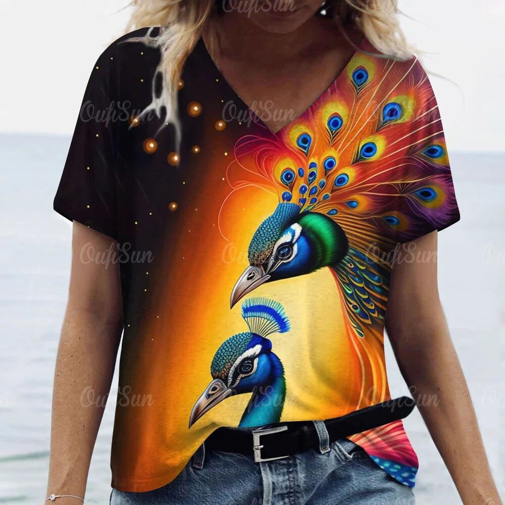 Damen-T-Shirt mit 3D-Pfauenfeder-Aufdruck, modisch, kurzärmlig, ästhetisch, lässig, V-Ausschnitt, lässige T-Shirts für Frauen