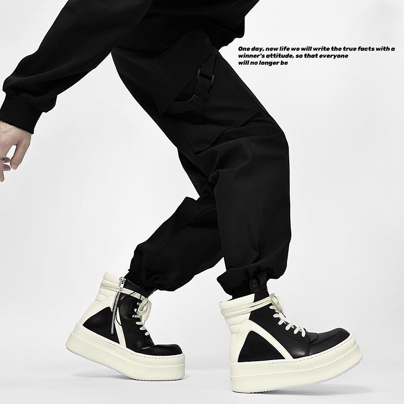 Casual High Top Men's Shoes Trendy Thick Bottom Height Increasing Style Daily Black and White Color Blocked Boots New