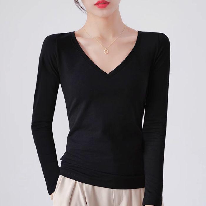 

Женская черная рубашка с V-образным вырезом и длинным рукавом - Хлопковый топ приталенного силуэта для осени/зимы Small чёрный