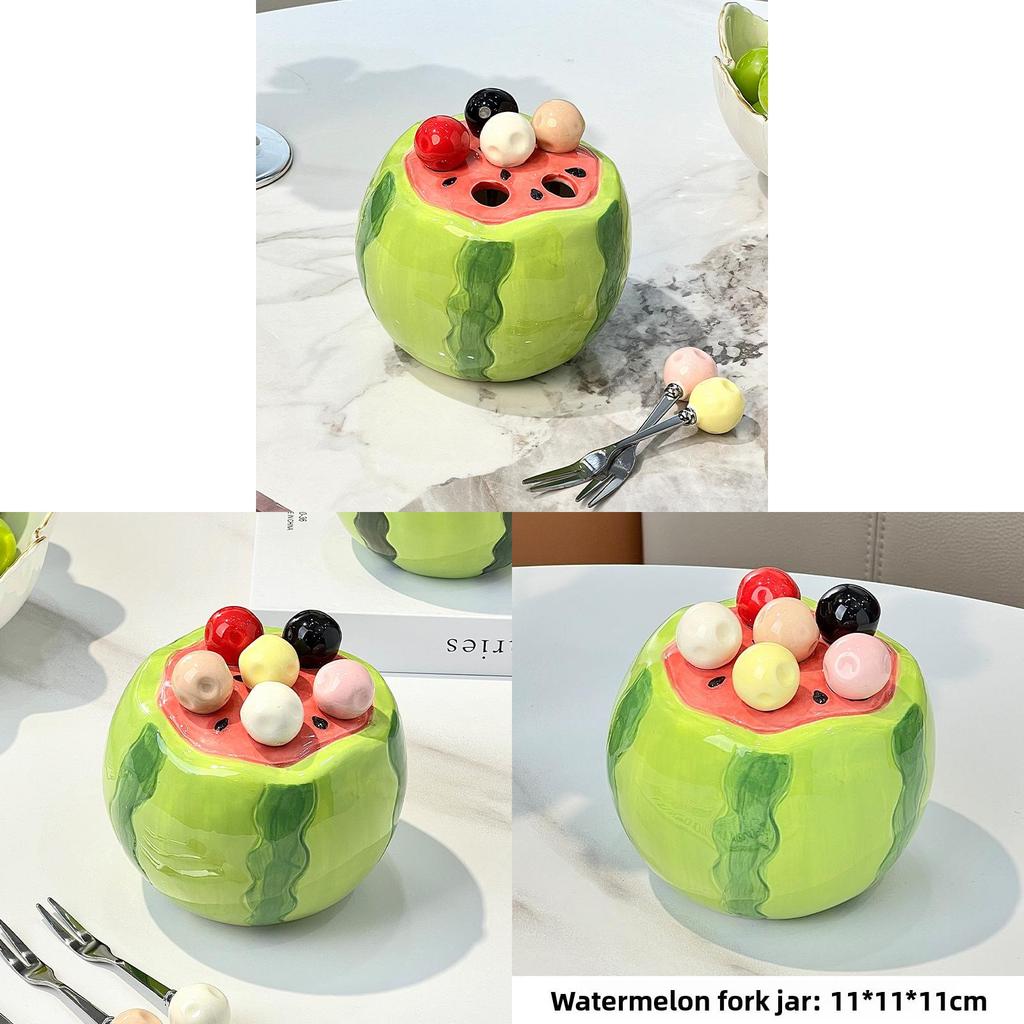 Watermelon Fruit Shape Storage Jar With Six Stainless Steel Forks For Kids Daily Use