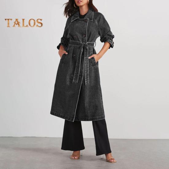 Women Denim Jacket Double-breasted with Side Pockets Lace-up Tie Waist Mid Length Solid Color Turn-down Collar Overcoat Streetwear Outdoor