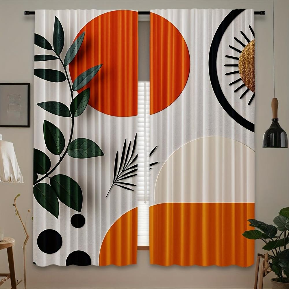MidCentury Abstract Geometric Leaf Curtains Trendy Boho Pattern Drapes Orange Green Circles Modern Window Curtains for Living