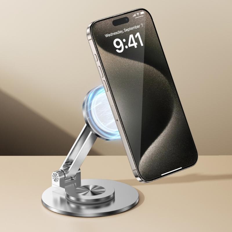 Portable Metal Phone Holder with Strong Magnetic Base 360 Rotate Adjustable Angle Travel Friendly for Mobile Devices