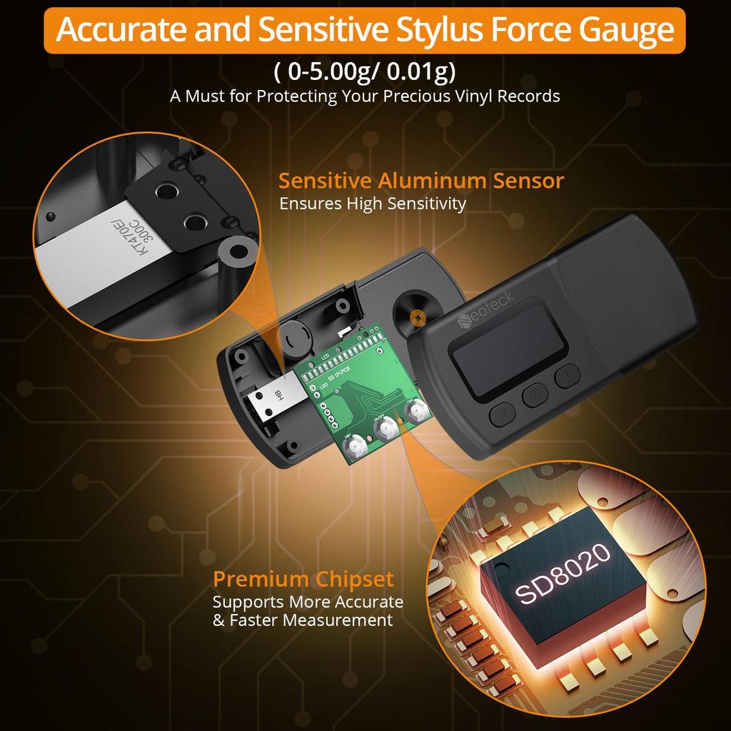 Neoteck Cântar Digital Modernizat pentru Forța Acului de Pick-up cu LCD Portocaliu 0,01g/5,00g Iluminare de Fundal(Argint)