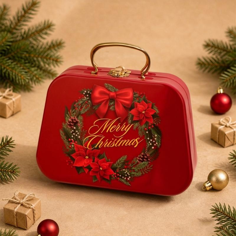 Holiday Gift Tin Box Christmas Metal Treat Container with Handle and Lid Closure for Small Gifts, Dessert Table Use