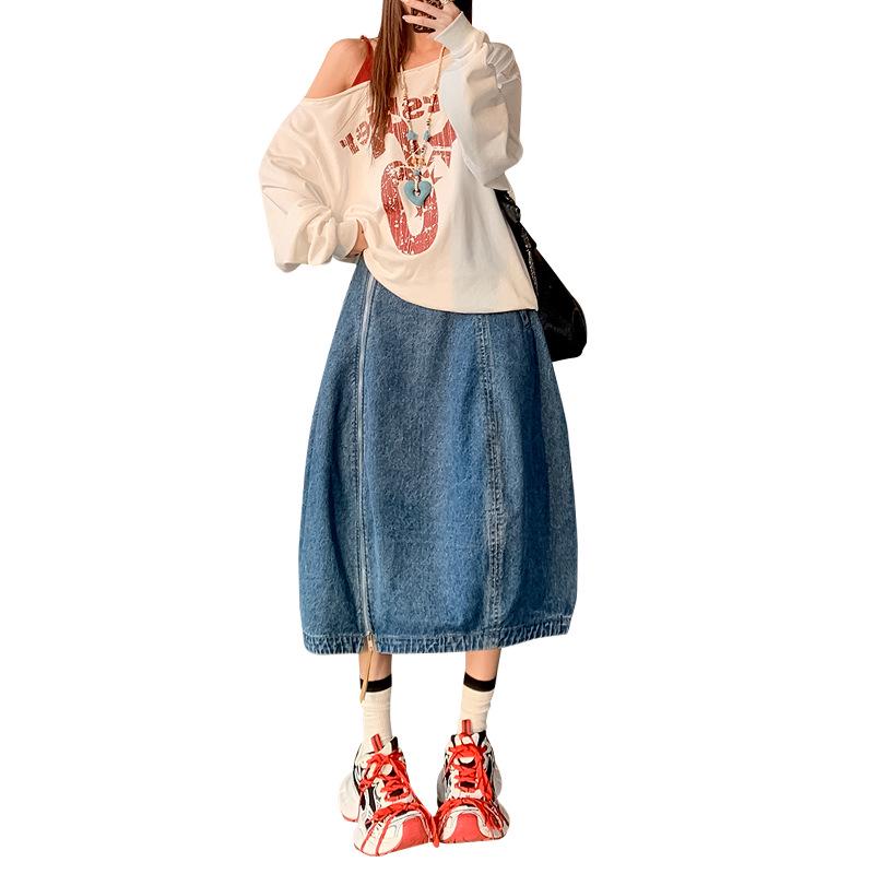 2026 Spring New Design: Women's Floral Tulip Midi Denim Skirt with Zipper