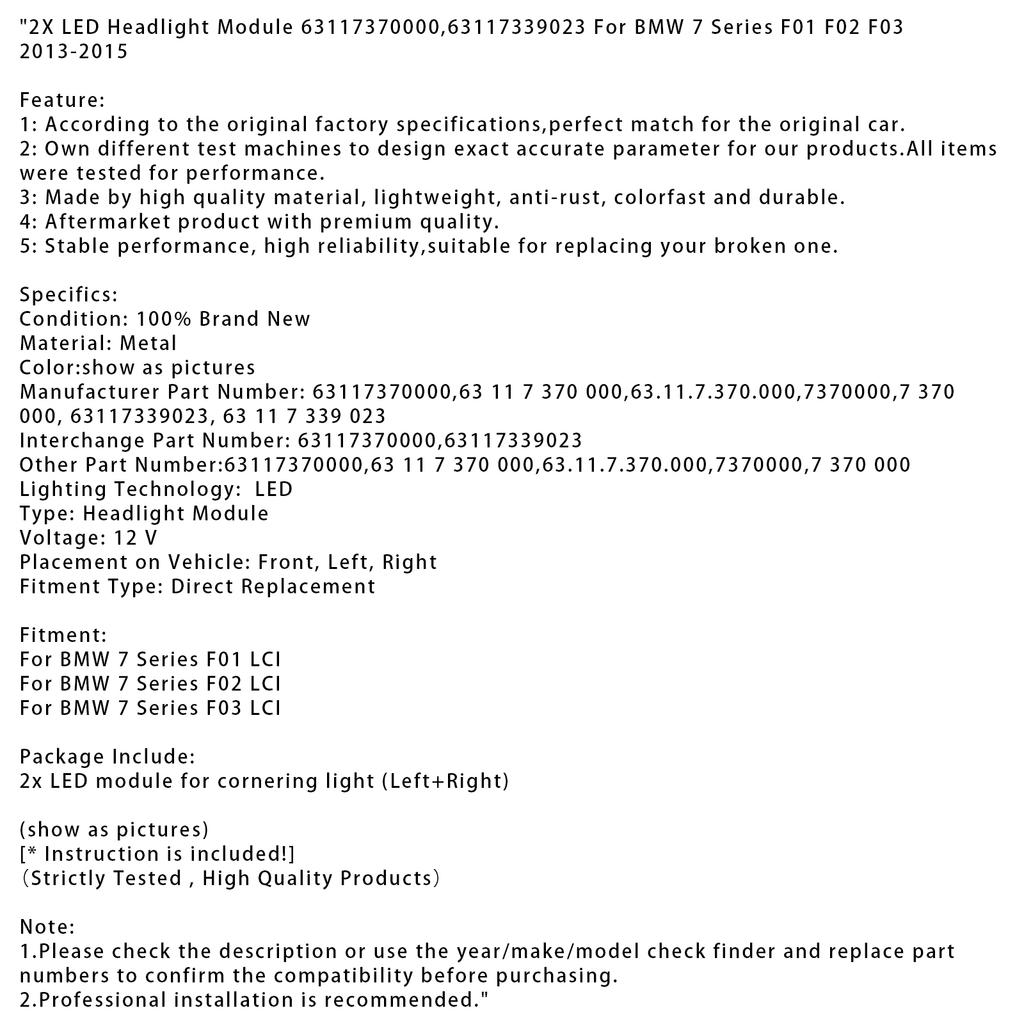 2X LED Headlight Module 63117370000]For BMW 7 Series F01 F02 F03 2013-2015
