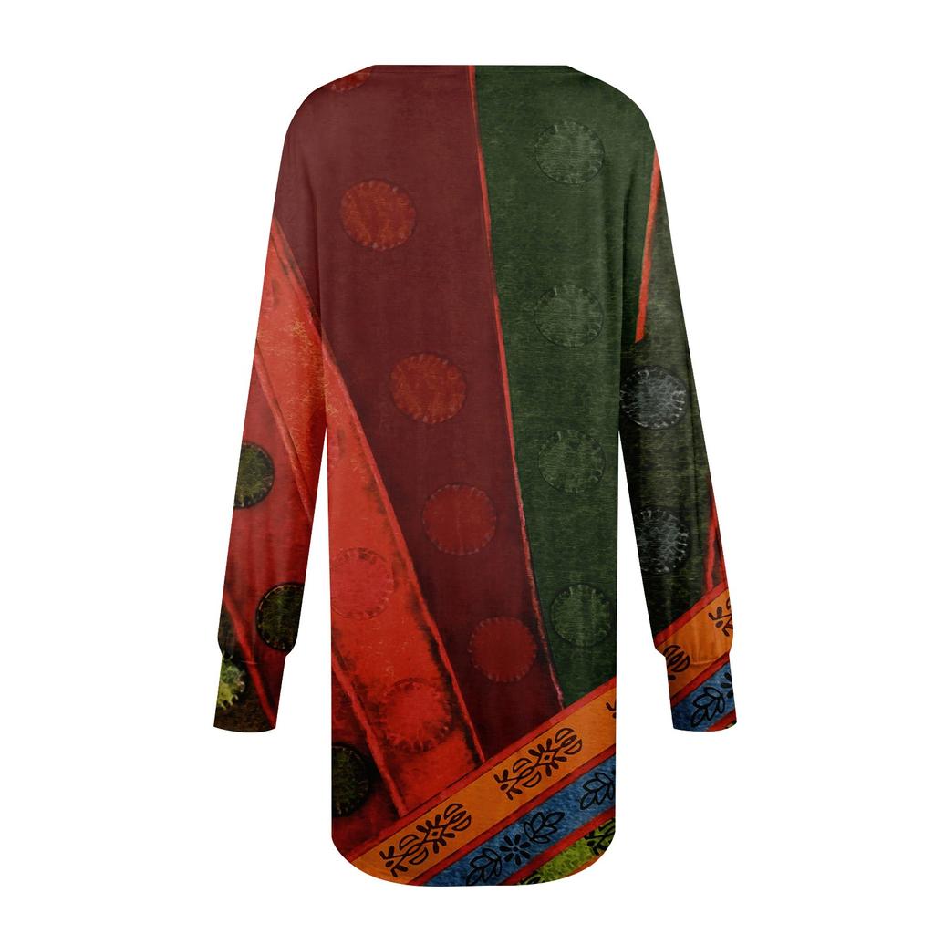 Women's Fashionable Ethnic Style Printed Round Neck Loose Fitting Long Sleeved Dress