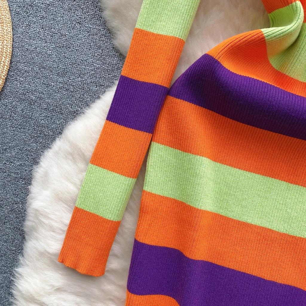 Rochie șic cu dungi pe jumătate guler înalt, tricot elastic, bodycon, cu mânecă lungă, pentru femei, la modă sexy, rochie de primăvară, subțire, rochie creion