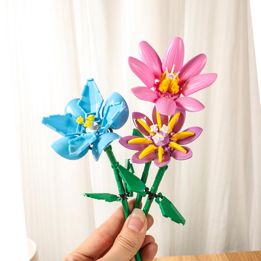 Potted Plants Flower Rose Sunflower Lily Orchid Chrysanthemum Micro Building Blocks Home Decoration Assemble Bricks Toys Kids