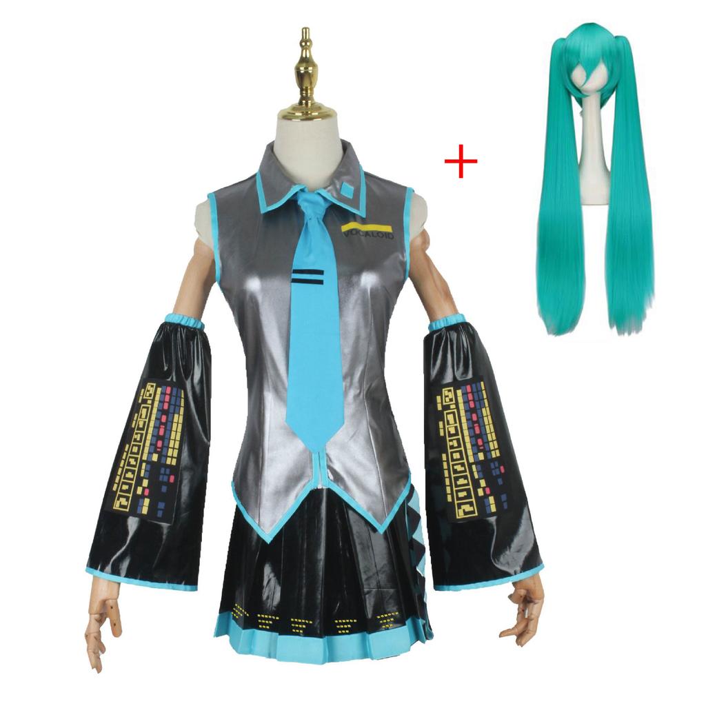 Anime Miku Cosplay Pełny Zestaw Srebrnoszary Lakierowana Skóra Materiał Garnitur Nakrycie Głowy Kostium Strój Jk Mundurek Cosplay Halloween