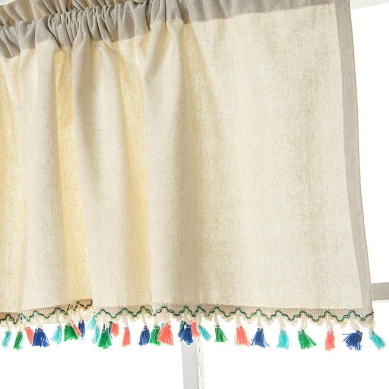 Short Curtain With Colorful Tassels For Home Decors Semi Sheer Window Drape Valance Panel Easy Installation Rod Pocket