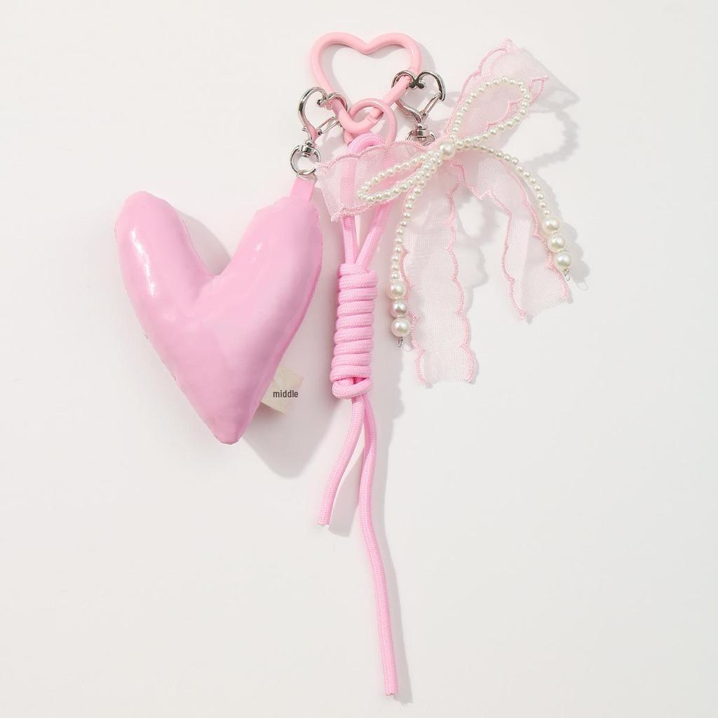 Sweet & Stylish Leather Heart Beaded Rhinestone Bow DIY Keychain Charm