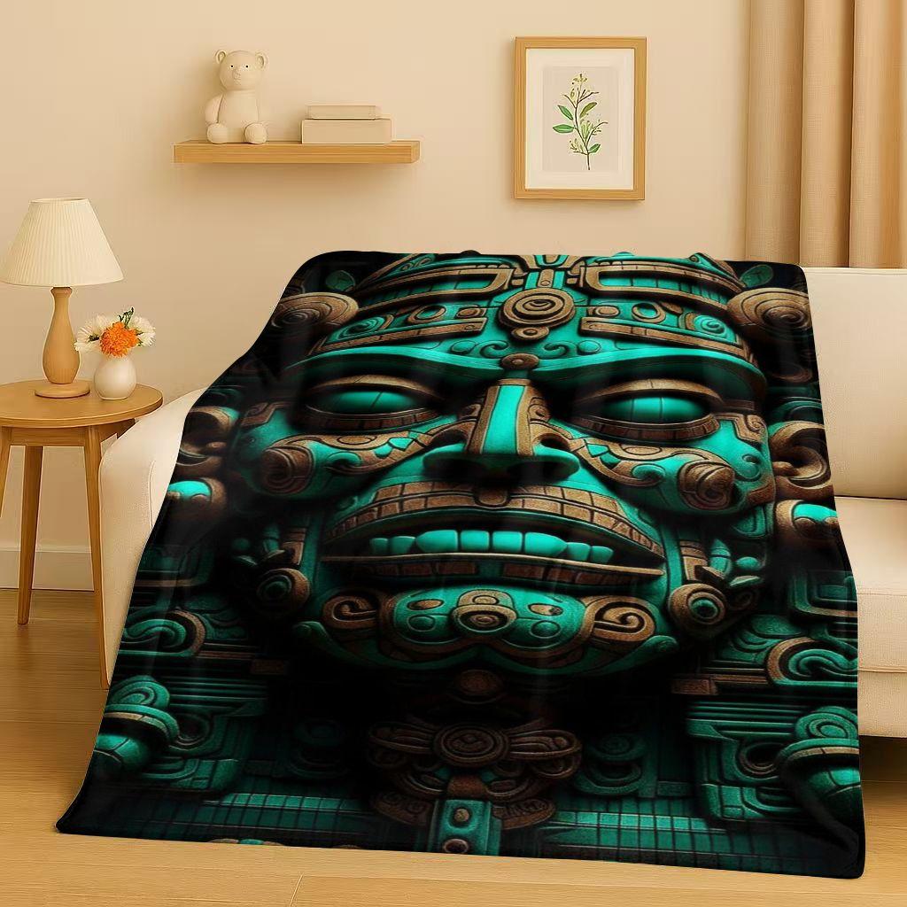 Retro Aztec Totem Maya Mask Sun God Flannel Blanket,Ultra Soft Warm Plush Throw for Home Bedroom Bed Sofa Cover Office Gift Kids