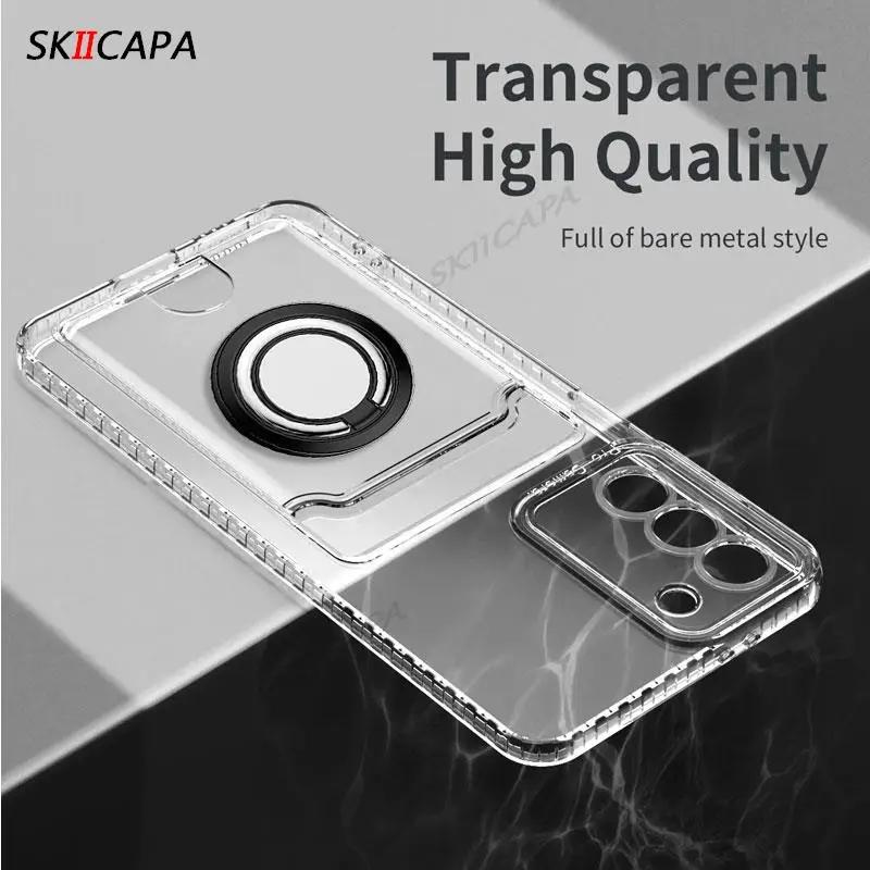Transparent Card Slot Wallet Holder Silicone Case for Samsung S25 Ultra S24 Plus S23 FE Magnetic Ring Cover for Galaxy S25+ S 25