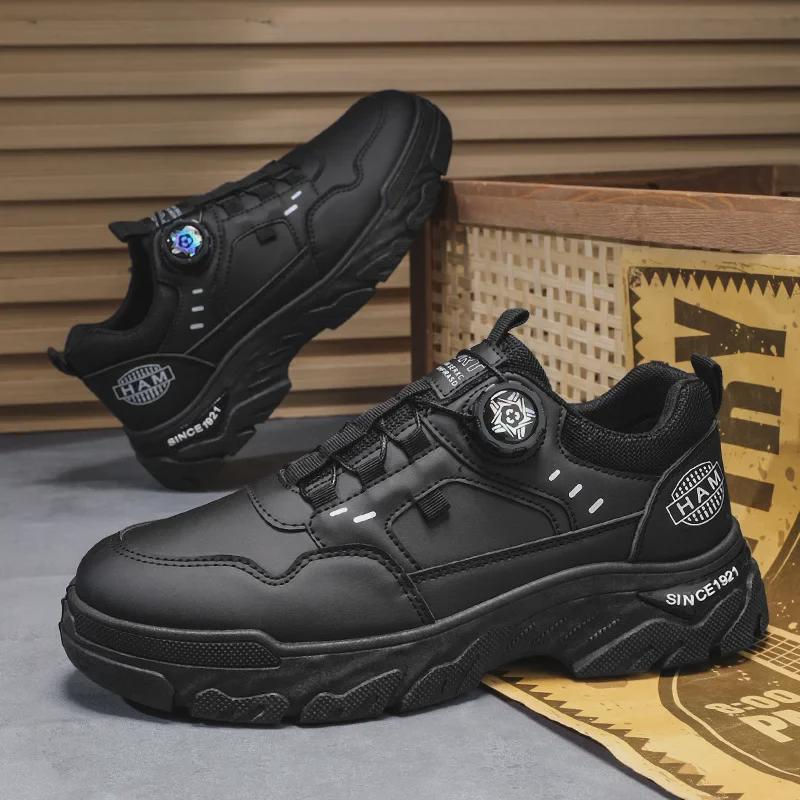 2024 Autumn Men's Low-Top Breathable Leather Work Boots - Thick-Soled, Non-Slip, Trendy Sports Running Shoes.