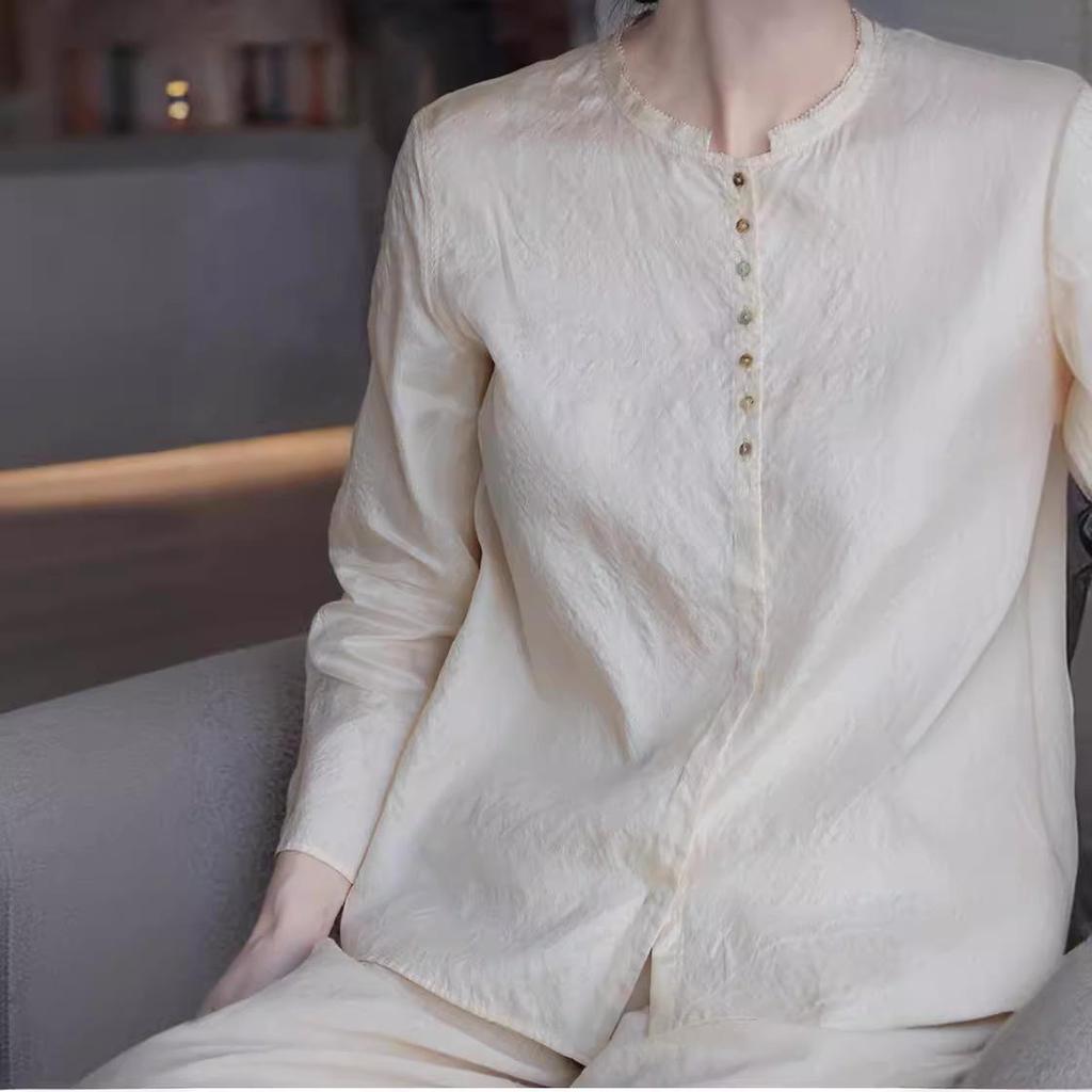 Autumn 2021 Retro Chinese Style Tussah Mulberry Silk Stand Collar Loose Long Sleeve Casual Women's Shirt
