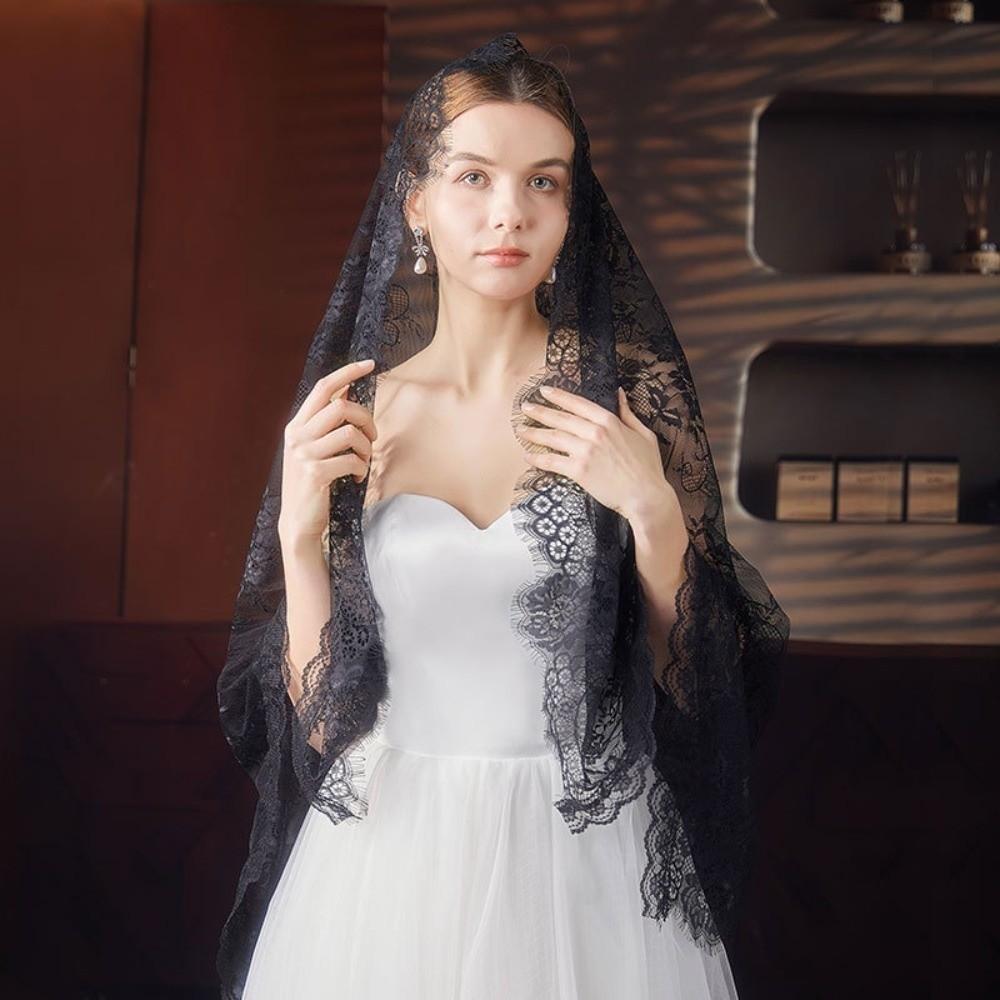 Lace Trim Veil Prayer Shawl Flower Bride Head Gauze Fashion Wedding Lace Shawl  Party