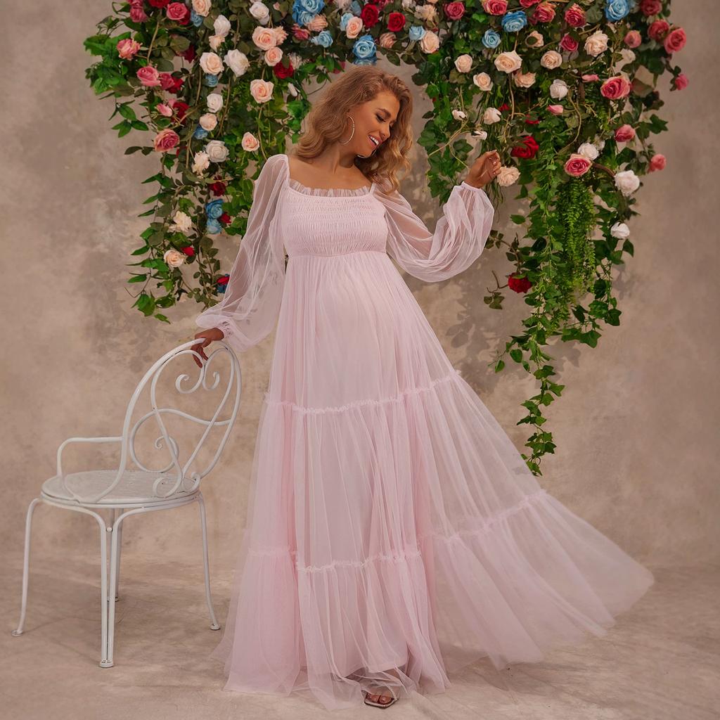 European and American women's clothing maternity clothing summer new dress sweet mesh pregnancy fluffy long-sleeved skirt