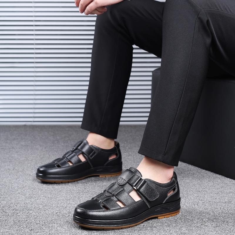 Men's Genuine Leather Breathable Summer Sandals - Large Size, Closed Toe, Perforated Cowhide Beach Shoes