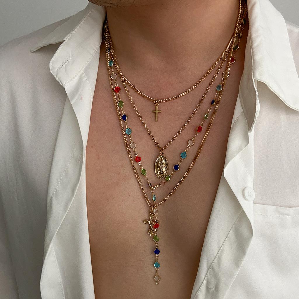 European and American Jewelry Men's Cross Pendant Crystal Chain Set Necklace Personalized Niche Style New Accessories