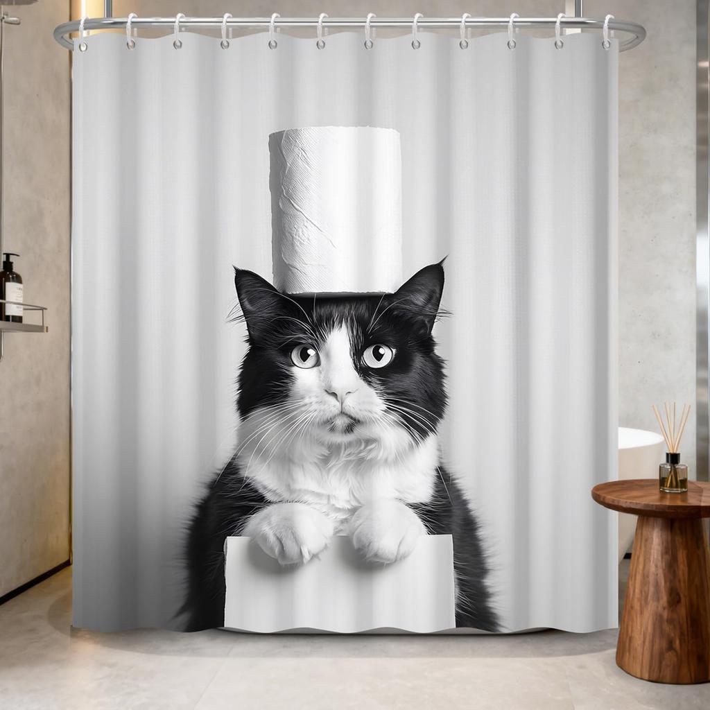 Waterproof Fabric Shower Curtain-Cute Black Cat Animal Print Bathroom Curtain for Kids, Funny Bath Curtain with Hooks Bathroom