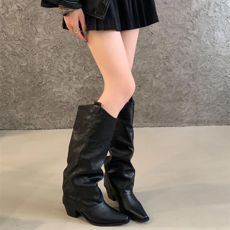 Earth Style Fiber Leather High-heeled Trouser Boots Women's Long Black Boots Autumn and Winter New Thick Heel Pointed Knight Boots