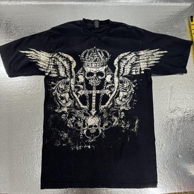 Y2K Fuya Affliction Skull Death Blade Cross Wings Grunge Goth T- Men's XL Unisex T-Shirt